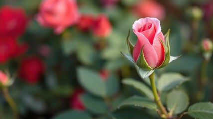 A close-up shot of a vibrant red rose against a soft blurred background of green leaves and petals, soft-focus, romantic