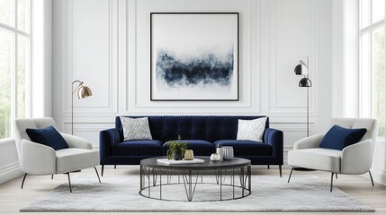 A modern living room with white walls, a navy blue velvet sofa, and light gray armchairs