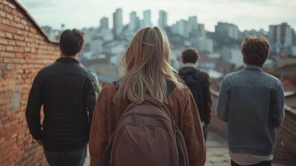 Group of friends on an urban treasure hunt, finding clues in a bustling city, modern adventure and teamwork