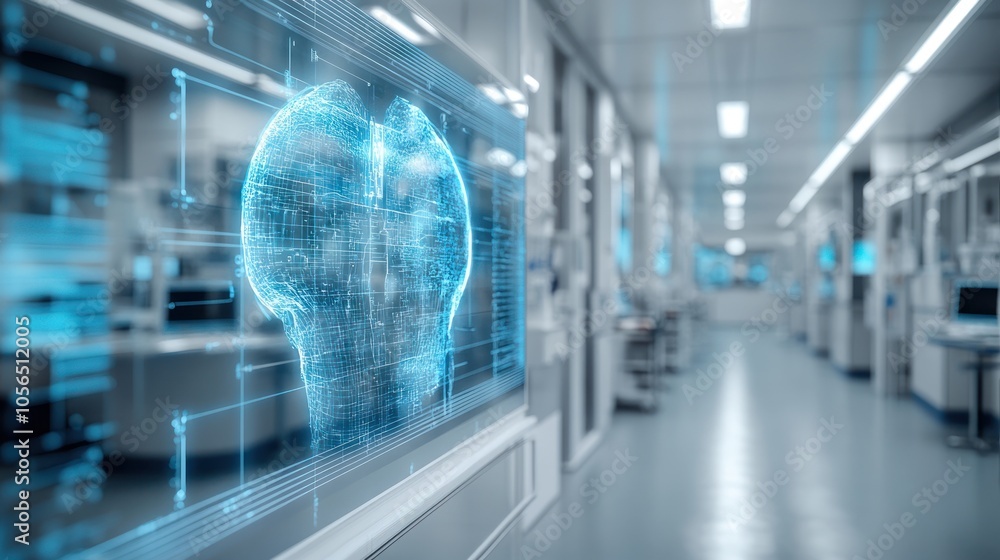Poster futuristic lab with a holographic brain display.
