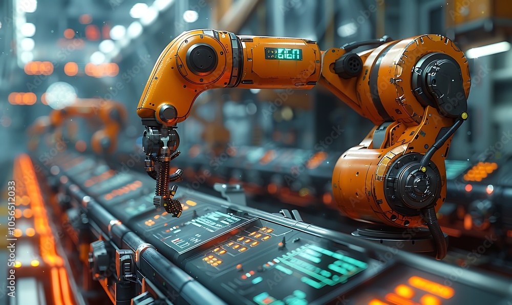 Aufkleber A close-up of an industrial robotic arm working on a sleek assembly line with illuminated controls and a futuristic factory background.