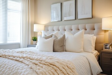 Comfortable double bed in a modern bedroom with warm lighting, creating a cozy and inviting atmosphere at night