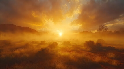 Obraz premium Golden Sunrise Over Mist-Covered Grasslands - Realistic Image