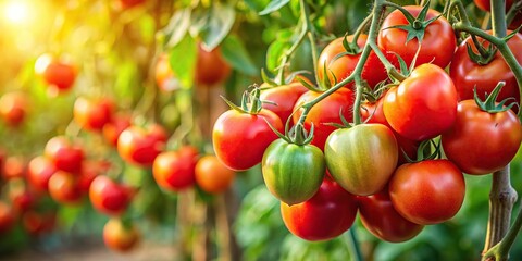 A cluster of ripe tomatoes hanging from a tomato plant in a rustic garden setting, fruiting plants, botanicals, farm to table, tomato, outdoors