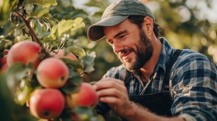 Man harvesting ripe apples in an orchard during golden hour