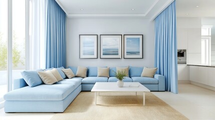 A modern living room with white walls, a sky blue sectional sofa, and beige throw pillows