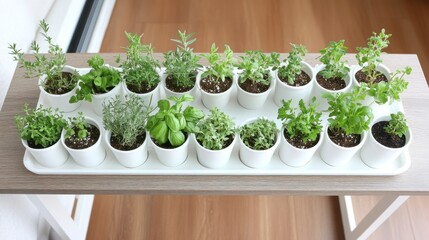 A collection of small potted herbs arranged on a tray, ideal for cooking and gardening.