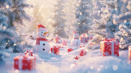 Winter Wonderland with Colorful Gifts and Snowmen