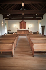 Empty church interior with wooden pews and organ creates a serene atmosphere of peace and contemplation