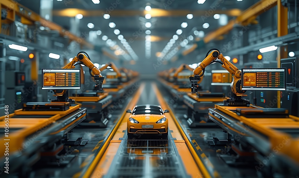Poster a futuristic automotive factory scene featuring robotic arms assembling a sleek car model with vibra