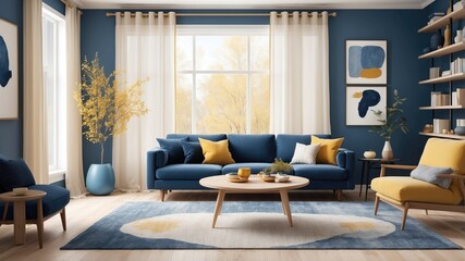 Modern Living Room with Blue Walls, Navy Sofa, and Yellow Accents