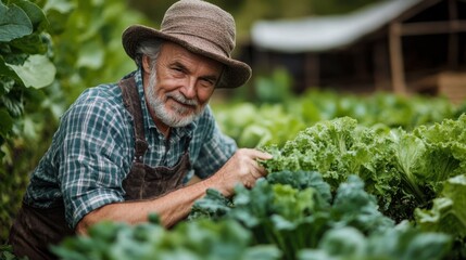 Elderly gardener tending to fresh vegetables in a sunny garden
