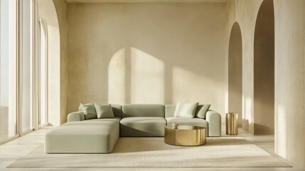 A modern minimalist living room with beige walls, a mint green sectional, and gold side tables
