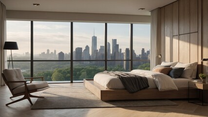 Fototapeta premium Modern Minimalist Bedroom with Manhattan Skyline View