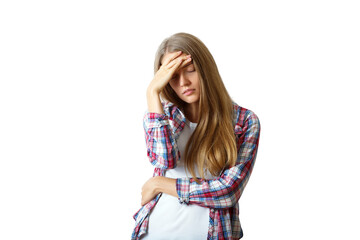 Woman wearing plaid shirt with hand on forehead, looking tired. Isolated on white background....