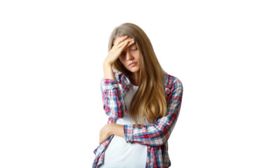 Woman wearing plaid shirt with hand on forehead, looking tired. Isolated on white background. Concept of fatigue or stress
