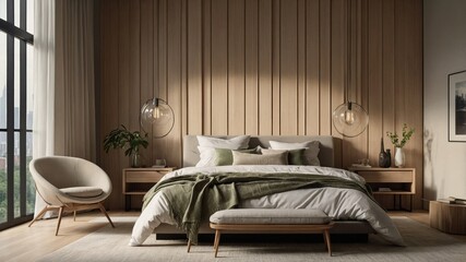 Minimalist Bedroom with Wooden Wall Panels and Natural Light

