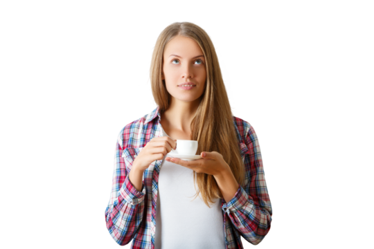 Woman holding coffee cup, wearing plaid shirt, isolated on white background. Concept of coffee enjoyment and casual lifestyle