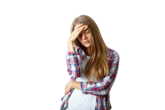 Woman wearing plaid shirt with hand on forehead, looking tired. Isolated on white background. Concept of fatigue or stress - Powered by Adobe
