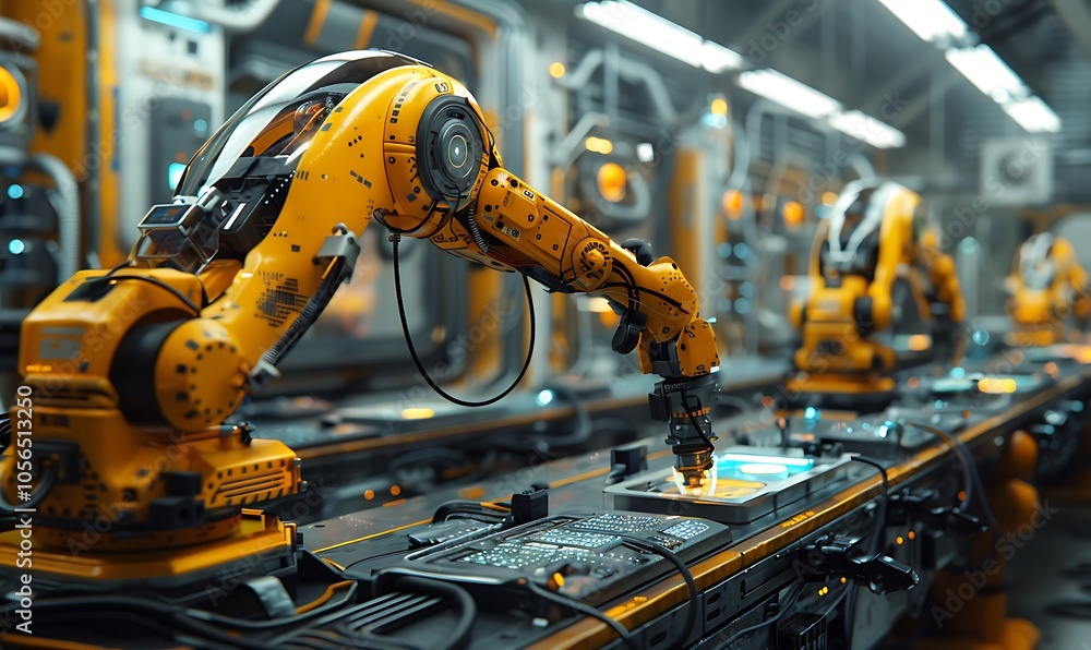 Aufkleber An advanced robotic assembly line featuring orange robotic arms engaged in precise tasks within a modern industrial setting.