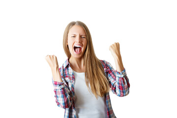 A young woman in a plaid shirt celebrating with fists raised, isolated on a white background, representing joy and success