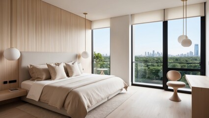 Modern Minimalist Bedroom with Wooden Wall Panels and City View

