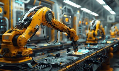 An advanced robotic assembly line featuring orange robotic arms engaged in precise tasks within a modern industrial setting.