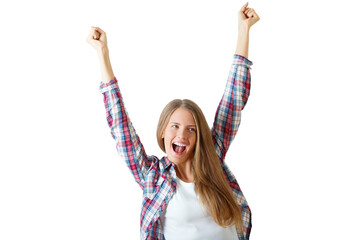 Woman in plaid shirt with arms raised, smiling on a white background. Concept of joy, success, or...