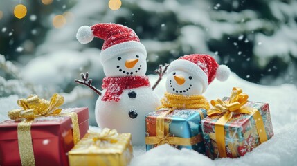 Obraz premium Festive Snowmen and Colorful Gifts in Winter Wonderland