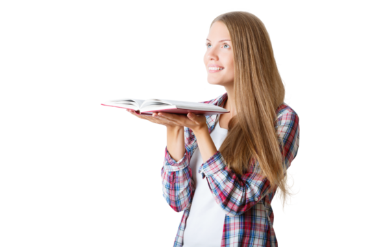 Young woman in plaid shirt holding open book, smiling, on white background. Concept of reading and education