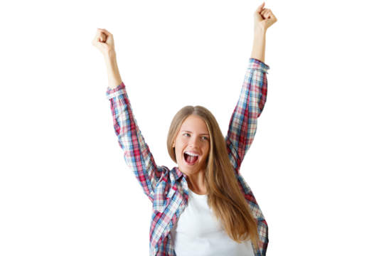 Woman in plaid shirt with arms raised, smiling on a white background. Concept of joy, success, or celebration - Powered by Adobe