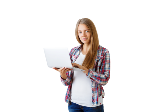 Woman in casual attire holding a laptop, isolated on white background. Concept of technology and modern lifestyle
