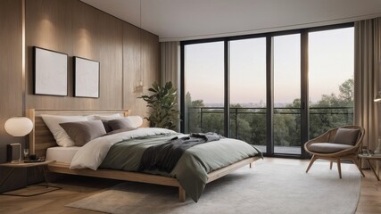 Minimalist Modern Bedroom with Wood Accents and City View

