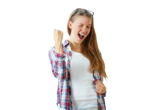 Young woman in plaid shirt celebrating with a fist pump, isolated on white background, concept of joy and success