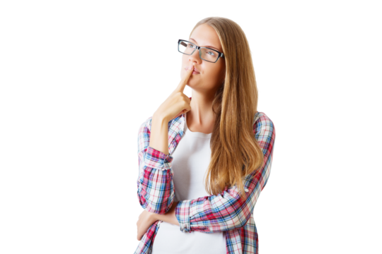 Young woman wearing glasses and plaid shirt, thinking pose, isolated on white background. Concept of contemplation and decision-making