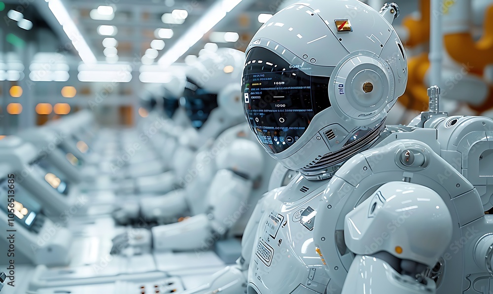 Poster a row of futuristic robots with sleek designs, equipped with helmets and sophisticated technology, s