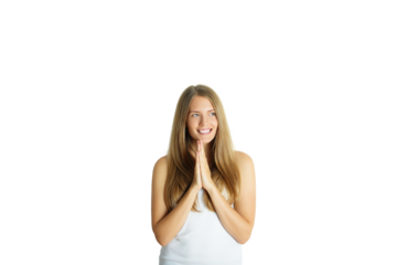 Smiling woman with prayer hands, on white background. Concept of peace, positivity, isolated portrait style, closeup