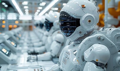 A row of futuristic robots with sleek designs, equipped with helmets and sophisticated technology, set in a modern environment.