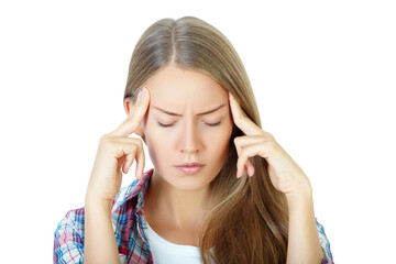 Fototapeta premium Woman with closed eyes and fingers on temples, wearing plaid shirt, against white background. Concept of stress or headache