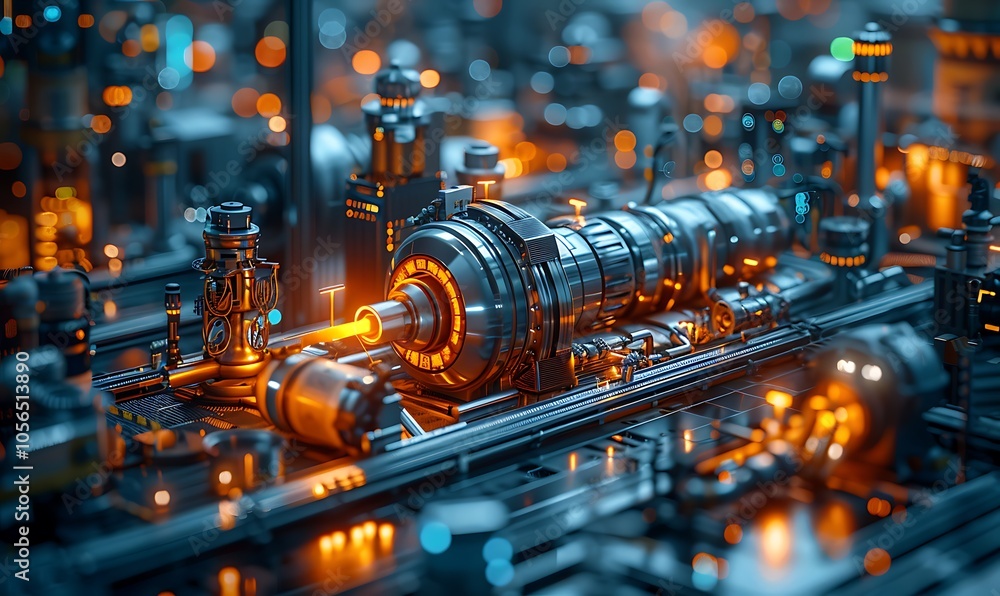 Poster a futuristic, illuminated industrial scene featuring intricate machinery and glowing components, emp