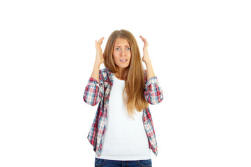 Young woman with long hair looking worried, isolated on white background. Concept of confusion and anxiety