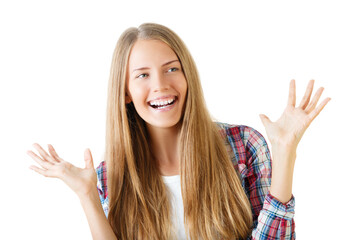 Woman with long hair smiling and raising hands, isolated on white background. Concept of happiness and joy