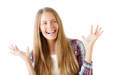 Woman with long hair smiling and raising hands, isolated on white background. Concept of happiness and joy
