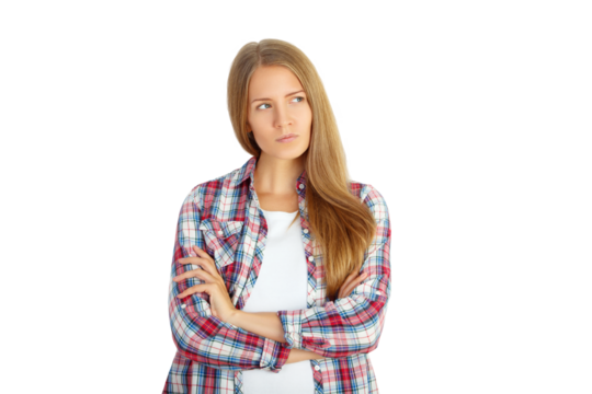 Woman in plaid shirt with arms crossed, looking thoughtful. Isolated on white background. Concept of contemplation and decision-making