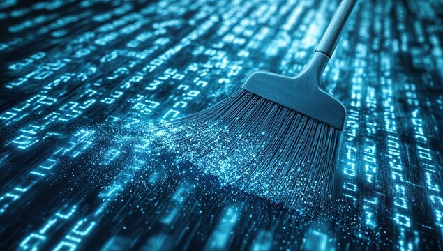 A broom sweeps away digital data, represented as blue glowing lines and numbers, on a black background, symbolizing data deletion or cleaning.