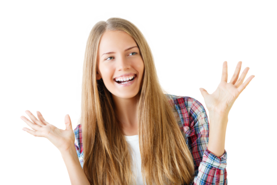 Woman with long hair smiling and raising hands, isolated on white background. Concept of happiness and joy