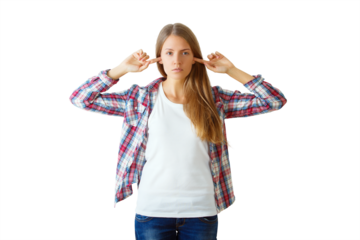 Young woman with long hair in a plaid shirt covering her ears with fingers, standing against a white background. Concept of ignoring