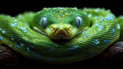 Obraz premium A close-up of a vibrant green snake resting on a branch.