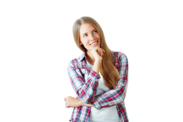 Young woman in plaid shirt, thoughtful expression, isolated on white background. Concept of contemplation and decision-making