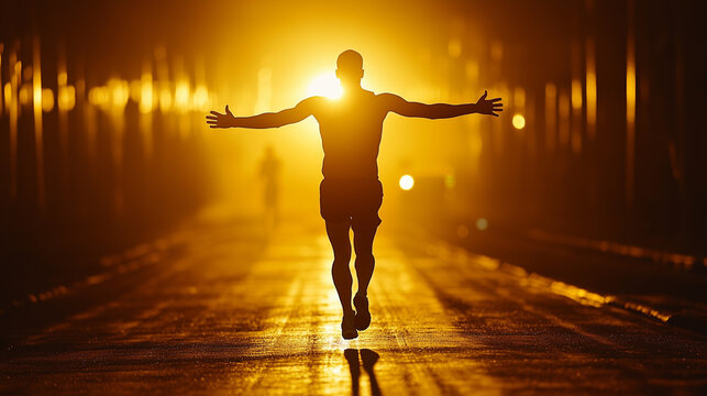 Triumphant runner crossing finish line at sunrise symbolizing peak performance